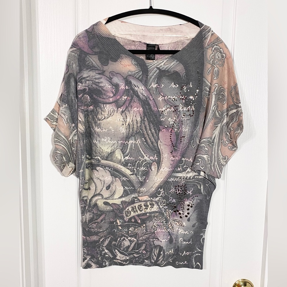 Y2K Guess Crystal Stud Tattoo Short Sleeve Tunic Sweater USA MADE Size Large
